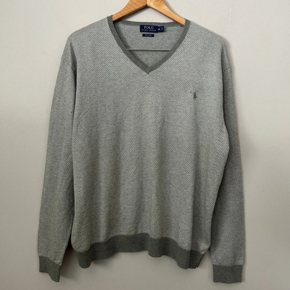 Polo Ralph Lauren Sweater Mens XL Gray Herringbone V-Neck Pima Cotton Pony Logo